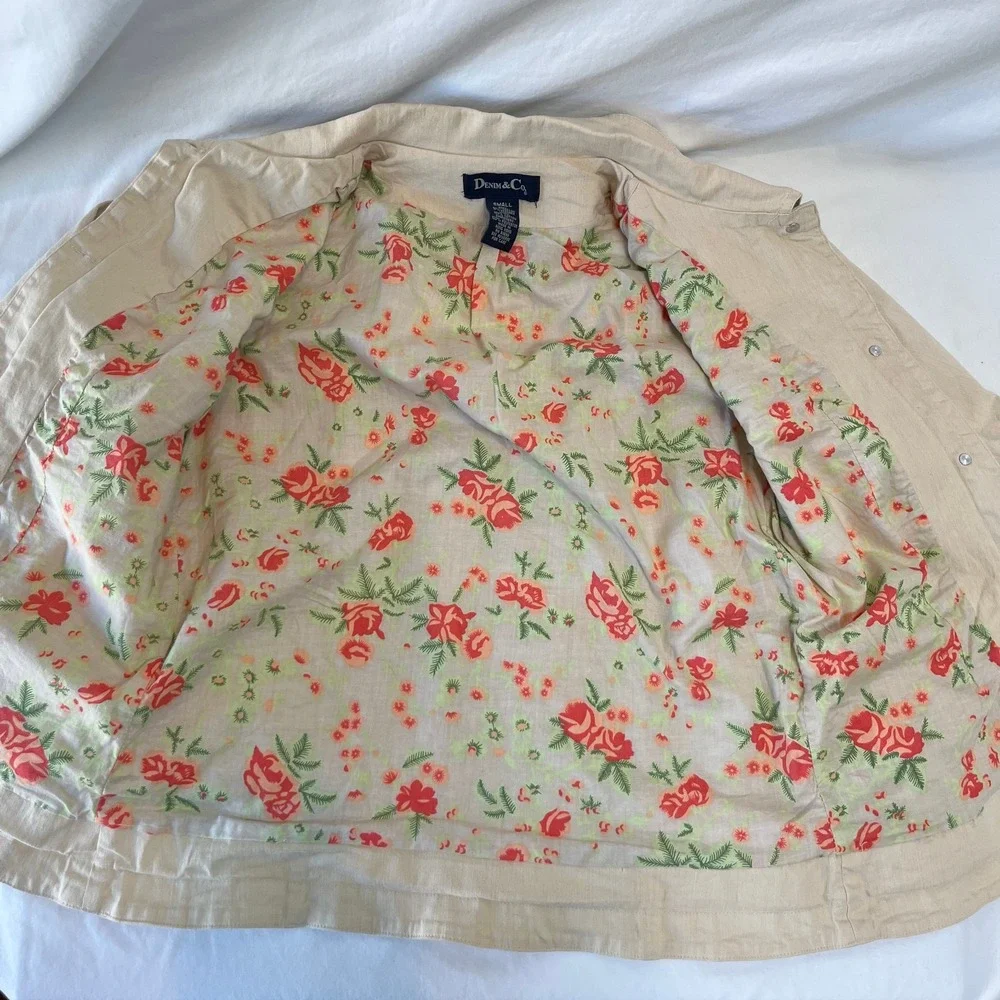 Denim & Co. Beige Jacket Women‎ Small Floral Embroidered Cuffs Cozy Cotton Blend